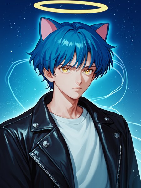 1990s (style), anime coloring, sm90s,  solo, animal ears, blue hair, 1boy, male focus, jacket, realistic, halo, shirt, cat ears, leather, looking at viewer, upper body, black jacket, open jacket, open clothes, yellow eyes, closed mouth, white shirt,  portrait, sidelighting, neon lighting, neon halo,, BREAK PonyXLV6_Scores ,  <lora:SM90sPDXL_r1:0.8>