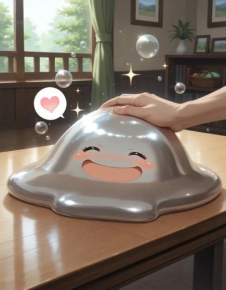 SmoothNoob_Quality,masterpiece,extreme detailed BREAK 1other,no humans,no_legs,day,indoors,living room,table,
BREAK hagurin,:D,slime \(creature\),sparkle,bubble,<lora:hagurin-NAI:1>,<lora:NOOB_vp1_detailer_by_volnovik_v1:1>,happy,smile,^_^,hand on another's head,spoken heart,blush,
