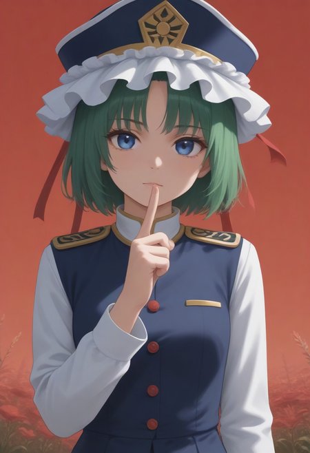 1girl, solo, solo focus, highres, absurdres, shikieiki, green hair, frilled hat, blue eyes, blue headwear, short hair,
long sleeves, black skirt, white shirt, blue vest, red ribbon, epaulettes, small breasts, arm ribbon, buttons, 
looking at viewer, head tilt, expressionless, hand up, 
red spider lily, flower field, red sky, dark, red theme,