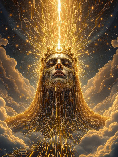 The coronation of a techno-emperor, golden circuits flowing like rivers, crown made of shimmering glitch particles, a cosmic fractal storm in the sky
