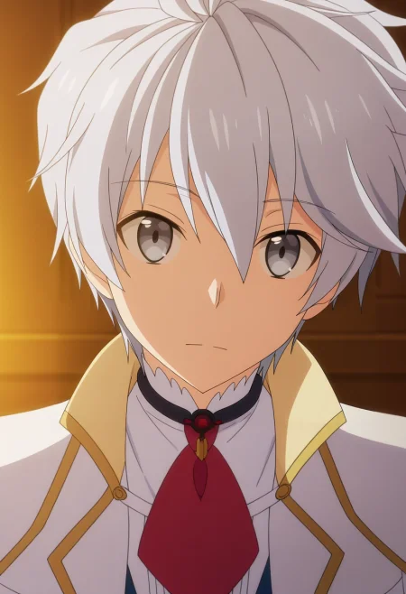 masterpiece, best quality, , anime screencap, anime coloring, official style, looking at viewer, 1boy, solo, male focus, <lora:lux_arcadia_ilxl:0.94>, lux_arcadia, grey hair, grey eyes, short hair, hair between eyes, ,