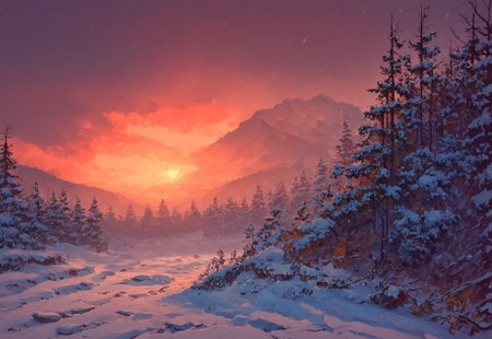 masterpiece, score_9_up, score_8_up, score_7_up, score_6_up, (best quality:1.1), ultra-detailed, high resolution, no characters, mountain, nature, mountainous horizon, outdoors, tree, snowing scenery, snow, outdoors, winter, clouds, snowy mountains, snow all around, sunset, orange tones, forest, sun, snowfall