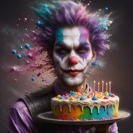 neonpunk style <lora:ral-dissolve-sdxl:1.5>(ral-dissolve:1.5), birthday cake clown man,  Nikon Z9, realistic matte skin, skin texture visible, (sharp focus), (highest quality), cyberpunk, vaporwave, neon, vibes, vibrant, stunningly beautiful, crisp, detailed, sleek, ultramodern, magenta highlights, dark purple shadows, high contrast, cinematic, ultra detailed, intricate, professional