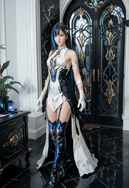 mai_pgr_selena_xs
1girl,bandaged_arm,bandages,bare_shoulders,black_dress,black_hair,blue_eyes,blue_hair,boots,colored_inner_hair,gloves,high_heels,jewelry,long_hair,multicolored_hair,solo,streaked_hair,very_long_hair,white_dress,white_gloves
VG_SS, fake screenshot, 
(High Resolution), (More Details), (8K), (High Resolution)