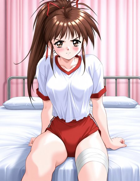 general,highres, game cg, ultra-detailed,very aesthetic,best quality ,best hands,  BREAK  <lora:Tanaka_Misa_IS:1>TanakaMisa, 1girl, brown hair,brown eyes, ponytail, long hair, breasts, hair ribbon, medium breasts,   1990s (style), takei masaki style,
 solo, bed, bandages, gym uniform, red buruma, sitting, buruma, bandaged leg, hospital bed, shorts, pillow, blush, indoors, red shorts,
get a little angryã