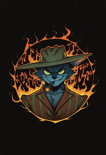 masterpiece, best quality, Graphic Design, color art, vibrant colors, colorful, intricate details, high contrast, detailed background, beautiful detailed, beautiful face, detailed eyes, detailed face, new, newest, z00tt0m, 1boy, solo, male focus, furry, cat, yellow sclera, green eyes, grey fur, whiskers, hat, formal, suit, striped jacket, simple background, black background, portrait, dutch angle, dynamic pose, (jojo pose, orange aura, menacing), perspective, dutch angle, looking at viewer, smoking, cigar in mouth, grin, head down, stare, glowing eyes,