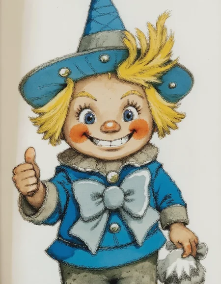<lora:lv:1>This image is a detailed, hand-drawn illustration in a whimsical, cartoon style. The central subject is a cheerful, round-faced character with a broad, toothy smile. The character has a round, yellowish-brown nose, and large, expressive eyes that are a bright blue. The character's hair is a bright yellow, sticking out from beneath a large, blue, pointy hat adorned with a yellow feather. The hat has a wide brim and is slightly askew, adding to the character's playful demeanor.
The character is dressed in a blue, long-sleeved tunic with a large, white bow tied at the neck. The tunic has a textured, quilted appearance, suggesting a fabric with a slightly rough texture. The character's hands are visible, giving a thumbs-up gesture with the left hand and holding a small, white object in the right hand, possibly a flower or a small toy.
The background is a plain, white surface, ensuring that the focus remains entirely on the character. The illustration's colors are vibrant and bold, with a mix of warm and cool tones that enhance the character's lively and friendly appearance. The overall style is reminiscent of classic children's storybook illustrations.