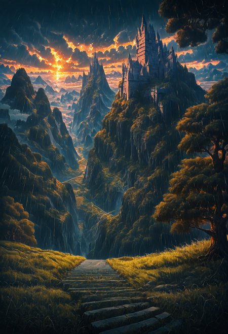 (from above:1.2), masterpiece, best quality,  stbedap, depth of field, scenery, outdoors, cloud, no humans, sky, cloudy sky, castle, grass, stairs, nature, sunset, rain, tree, mountain, Fantasy, atmospheric perspective,Landscape <lora:cfg_scale_boost:0.5> <lora:Fant5yP0ny:0.5> <lora:Nature_Realistic_illustrations-_Illustrious:0.7> <lora:S1_Dramatic_Lighting_v2:0.9>