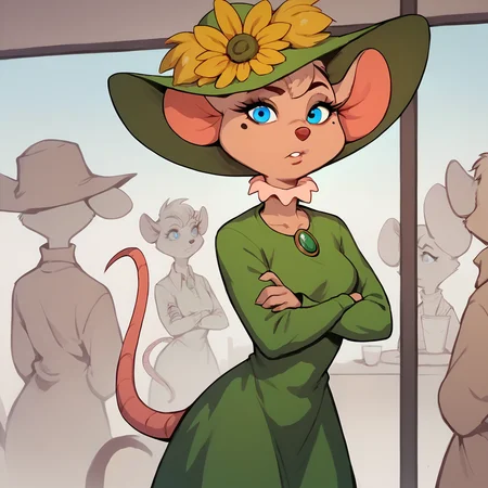 score_9, score_8_up, score_7_up, score_6_up, score_5_up, score_4_up,  BREAK  <lora:ladymouse:1> ladymouse, furry female, blue eyes, short hair, mole under eye, green dress, sunflower hat, mouse tail, crossed arms, cafe, solo,