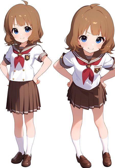 1girl,
suou momoko,


blush, official alternate costume, medium hair, white shirt, sailor collar, short sleeves, school uniform, hands on own hips, full body, ahoge, brown footwear, brown skirt, solo, pleated skirt, skirt, white background, smile, looking at viewer, brown sailor collar, shirt, miniskirt, brown hair, serafuku, white socks, blue eyes, red neckerchief, neckerchief, v-shaped eyebrows, loafers, simple background, socks, shoes,

sfw
<lora:a31_char_new_suou_momoko-000026:1> <lora:a31_style_koni-000010:0.8>