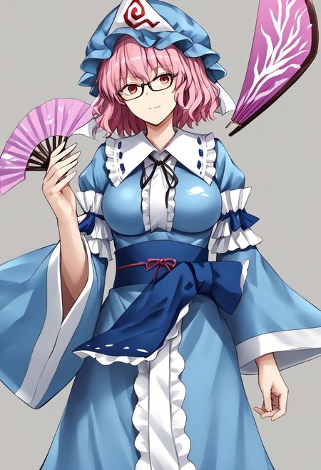 1girl, yuyuko, saigyouji_yuyuko, bespectacled, glasses, mob_cap, triangular_headpiece, blue_hat, blue_kimono, long_sleeves, wide_sleeves, frilled_kimono, 
masterpiece, best quality, very aesthetic, absurdres,