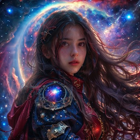 masterpiece,high resolution,8k,
 <lora:celestial_warriorXL:0.8>,celestialwarrior, overalldetail,facedetail,eye detail,
1girl, solo, long hair, sky,red theme,universe backround,,sleeves,hands down