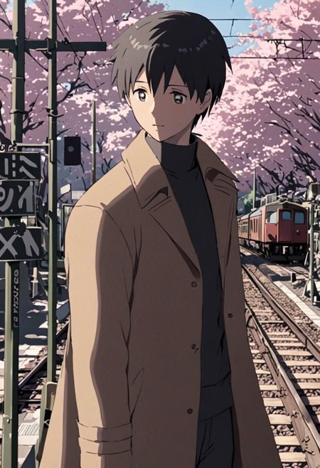 Highres, Masterpiece, High Quality, 4K, 8K, solo, 1Boy, Takaki Toono, adult, black hair, short hair, brown coat, trousers, passing train, railroad crossing, cherry blossoms, easynegative, detailed_eye_model