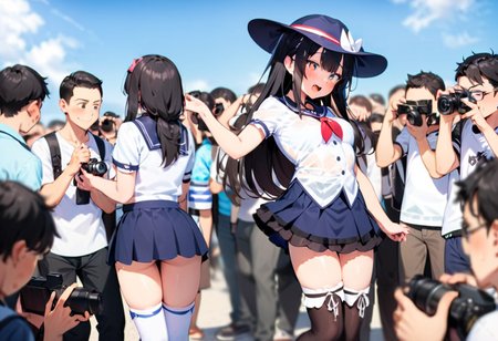 masterpiece, best quality, very aesthetic, absurdres,
comiket_cosplay, N4, 1girl, 6+boys, thighhighs, camera, day, skirt, outdoors, hat, black hair, zettai ryouiki, crowd, multiple boys, long hair, sky, shirt, short sleeves, summer, blue sky, 
<lora:comiket_cosplay_SDXL_V2:1>