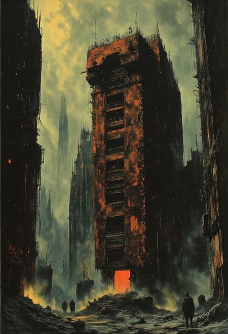 This surreal artwork depicting a dystopian cityscape under a heavy rainstorm. The scene is dominated by a massive, rusted, and decaying scifi structure, ((in the shape of a giant cat)),painted in shades of red and dark, with a texture that suggests years of neglect. This structure appears to be a towering, vertical building with numerous windows and vents, some of which are cracked or missing.
In the background, the cityscape features a mix of futuristic and industrial architecture, including towering strange skyscrapers and large, cylindrical structures, all covered in a thick layer of rain. The buildings are predominantly dark gray and black, with a few spots of light, possibly from streetlights or neon signs, adding contrast. The raindrops are depicted as tiny specks, creating a sense of heaviness and gloom.
In the background, a silhouettes is partially visible,  obscured by the rain,lurking, which hints at a dark fantasy or sci-fi element. The overall mood is bleak and desolate, with a focus on the harsh, gritty textures and the overwhelming presence of the rain.reflections,best quality,masterpiece,detailed,rich neon colors,glow,shimmer,cables,wires,color contrast,award-winning,disturbing,hard science fiction,lost technology, melancholy,sepia,fog,(close-up),
H.R.Giger
Zdzisław Beksinski,
Philippe druillet
John Berkey
Nicola Samori
john  grimshaw