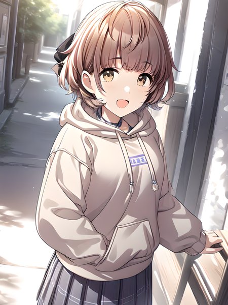 (masterpiece),(best quality),(ultra-detailed),(best illustration),(best shadow),(absurdres),(detailed background),(very aesthetic),haruki ikuta, casualoutfit, 1girl, solo, skirt, white background, hood, smile, looking at viewer, brown hair, simple background, hoodie, open mouth, pleated skirt <lora:XL-IkutaHarukiv1:1>