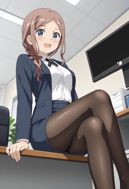 anime screencap,
<lora:OneRoom_OrisakiSayaXL:0.9>,
1girl, solo, open mouth, light smile, blush,
long hair, light brown hair, parted bangs, hair over shoulder, single braid, blue eyes,
SayaSuit, open jacket, blue jacket, white shirt, cross tie, neck ribbon, black ribbon, long sleeves, pencil skirt, blue skirt, black pantyhose,
cowboy shot, sitting, crossed legs, looking at viewer, from below, feet focus,
office, indoors, blurry background