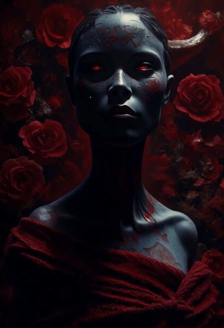 Create an ultra-detailed, high-quality, cinematic image of a captivating yet sinister figure embodying the duality of beauty and evil.   A fanged succubus with impossibly coal black skin. Pitch Black Skin.
 Brilliantly white fangs. Her skin is jet black (impossibly black, black as a grave), the black of night with subtle scaled pattern. Blood Red tattoos on her face and body - intricately patterned, occult and Wiccan symbols.  The figure exudes a strong Gothic influence, with darkly glamorous attire that blends elegance with menace.  She is standing in a field of black and blood red roses Her eyes are that of a lion. Feline grace, terrifying and desirable. A siren of seduction and destruction.   Her mesmerizing gaze, both alluring and chilling, draws the viewer in with a high degree of implied sensuality (inspired by Queen of the Damned). Ethereal lighting highlights her features while rich, haunting shadows enhance the dark environment, enveloping her in an aura of power and mystery. The atmosphere is infused with Gothic undertones, creating a chilling ambiance where beauty and danger coexist. Her evocative expression reflects both desire and fear, capturing the duality of attraction and threat. The scene should feature intricate details, a rich palette of textures, and depth, ensuring the contrast between her alluring presence and the lurking menace is striking and unforgettable.