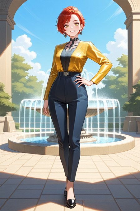 masterpiece, best quality, absurdres,
<lora:ILCyberAurore:0.8>
CyberAurore, 1girl, red hair, short hair, yellow eyes, loop earrings, looking at viewer, full body, hand on hip, happy, fountain, blue sky