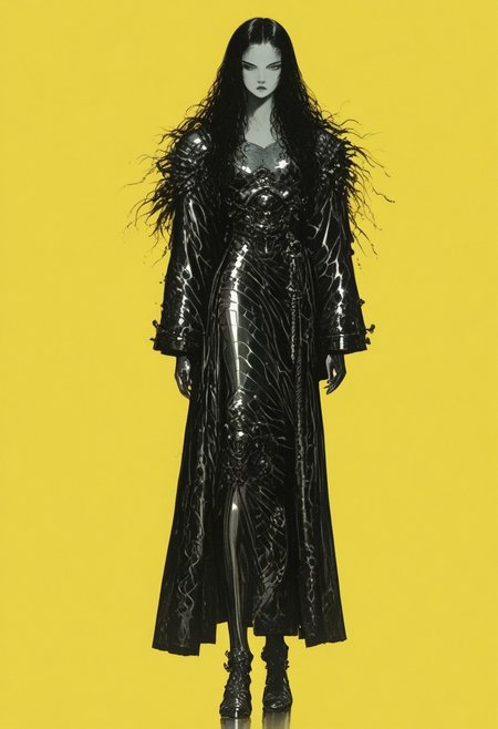 **masterpiece, score_9, score_8_up, hyper-detailed, 8K, full body illustration, regal medieval clothing, robe, long black hair, chromecore, metallic silver skin, yellow background, sinozick style, flat color, simple background, dark and blue tones, vibrant colors, colorful, expressionless, serious, dark vibes, dark fantasy, armor details, monochrome highlights, colored skin, gradient effects, mythp0rt, polished textures, dramatic lighting, surreal elegance, intricate details, minimalistic backdrop, striking composition, ethereal glow, moody aesthetic**
