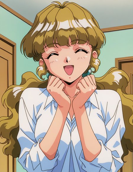 general,highres, ultra-detailed,very aesthetic,best quality ,best hands,  BREAK <lora:Kai_Fubuki_IS:1>Kai_Fubuki, 1girl,solo,long hair, blonde hair, blue eyes, wavy hair, ponytail, bangs, medium breasts, 1990s (style), anime coloring, 
closed eyes, ^_^, smile, open mouth, school uniform, long sleeves, upper body, shirt, indoors, twintails,  happy,
apartment house, room,
