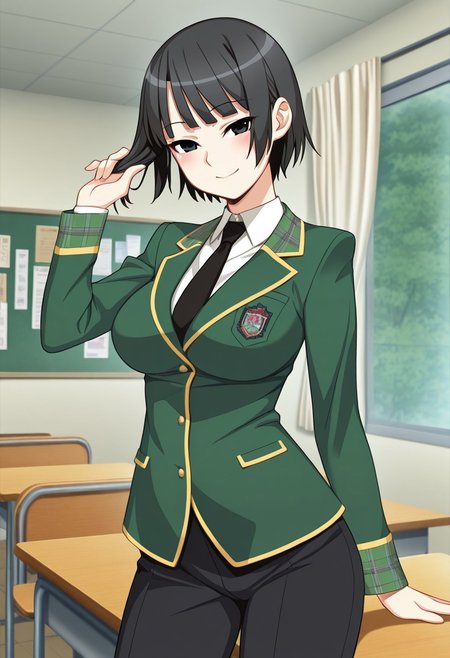 score_9,score_8_up,score_7_up,source_anime,5_figner,2d_animation,game cg,BREAK,1girl,solo,
Aiura Ichika,
black hair,short hair,black eyes,
large breasts,
long sleeves,school uniform, green jacket, white shirt, black necktie, blazer, blazer yellow line,black pants,hair grab, 
cowboy shot,smile,blush,
school,classroom,window,indoor,curtain,bulletin board,
front view,looking at viewer,standing,
masterpiece,best qualit,ultra-detailed,illustration,an extremely delicate and beautiful,beautiful detailed eyes,unity 8k wallpaper,high resolution,anime CG,official_art,