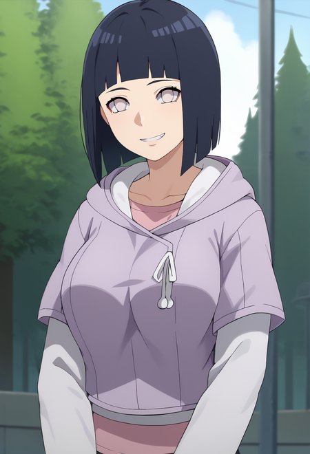 score_9, score_8_up, score_7_up,  source_anime,BREAK, 1girl,solo,hinapony, hooded jacket, hood down, , pearl eyes, layered sleeves,  <lora:HinataborutoPONYXL:0.7>, large breasts, smile,