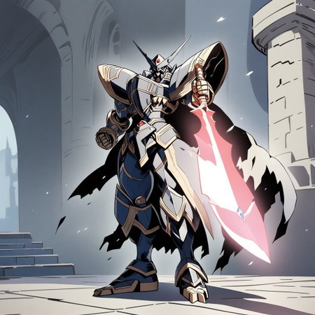 score_9, score_8_up, score_7_up, rating_safe,newest,makoto shinkai,1990s_(style),retro anime,1boy,solo,alphamon,digimon,masterpiece,detailed,best quality,safe,cape,standing,full body,energy sword,holding sword,hdr,dof,moonlight greatsword,indoors,castle