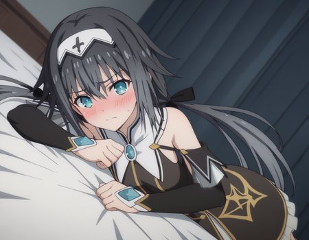score_9, score_8_up, score_7_up, source_anime,
nibelcole,  <lora:nibelcole-s4s5-ponyxl-lora-nochekaiser:1>,
nibelcole, long hair, blue eyes, black hair, hair between eyes, twintails, very long hair, hairband, low twintails, white hairband,
skirt, detached sleeves, sleeveless, white skirt, black sleeves,
indoors, bed, bed room, on side, blush, drunk,
looking at viewer, solo, cowboy shot, dutch angle,