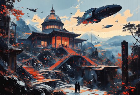 An intricate abstract artwork, high-contrast Shinto shrine nestled in misty mountain terrain at sunset. A long staircase with tori gates ascends through rocky woodland towards the shrine, depicted in a busy vector cartoon illustration with refulgent, hyphae-like, indigo blue, galactic elements in a British comic style. Features an exhausted, romantic, mystifying, rapid-fire, concave conceptual futuristic gothic hardsurface device design on a table, within a moody repair shop aesthetic by California, set in dystopian and surreal surroundings. The U.S. Capitol Building is reimagined as the futuristic headquarters of the Weyland-Yutani Corporation. Classical architecture blends seamlessly with sleek, technological enhancements, creating a cyberpunk aesthetic. The dome displays the glowing Weyland-Yutani logo, signifying corporate dominance. Neon corporate advertisements illuminate the night sky, contrasting with the landmark's metallic marble facade and transparent aluminum windows. Durable, synthetic materials reinforce the columns. Aerial vehicles streak across the image, while a colossal holographic dragonfly spaceship hovers above. The grounds are a bustling hub of robotic workers and augmented reality users. The scene juxtaposes the past and present, symbolizing corporate power intertwined with political history, redefining the skyline. aidmamj6.1, TOK, In the style of ff-td, pscho_4rt, (add flying fishes)