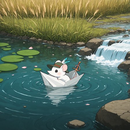 IllusP0s
,ADDCOMM,
rocks,river,grass, reeds, ripples,flowing water
,ADDROW,
river, lilypad, petals
,ADDCOL,
(little white mouse in a big white paper boat), origami, on a river, fllowing water,  dacutechibi, chibi style focus, stream, green hat feather,solo, alone, holding a tiny sword, pointy nose
,ADDCOL,
river, waterfall, flowing water, foam
,ADDROW,
rocks,river,sticks, moss, ripples,flowing water
, <lora:DaCutechibiart:1>