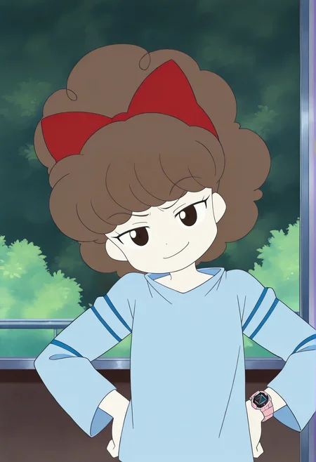 anime screenshot, anime coloring, 1girl, ponytail, long hair, brown hair, black eyes, curly hair, ribbon, blue shirt, long sleeves, wristwatch, hands on own hip, smug, head tilt,  <lora:suzie_illus:1>, masterpiece, best quality, amazing quality, very aesthetic, absurdres, highres, newest