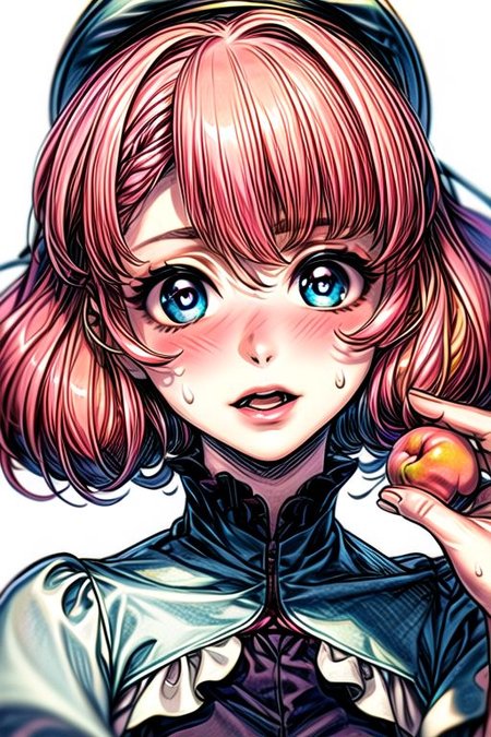 masterpiece, best quality, <lora:lemrina:1>,
lemrina vers envers, 1girl, solo, flower, hairband, dress, blue eyes, bob cut,  short hair, pink hair, blunt bangs, hair ribbon, (best quality) , (highly detailed) ,masterpiece ,absurdres ,detailed face ,beautiful face ,(detailed eyes, deep eyes, anime eyes), 
,food, fruit, hat, peach, shirt, open mouth, looking at viewer, white shirt, upper body, short sleeves, holding, holding food, black headwear, simple background, leaf, frills, bangs,holding fruit, hair between eyes, blush, sweat, teeth, upper teeth only,