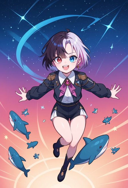 score_9, score_8_up, score_7_up,
masterpiece, best quality, detailed, amazing quality,
detailed background, stars,
detailed eyes, clean eyes, 
solo, 1woman,
dynamic pose, jumping, happy, from above,
easynegative,
r1np3nr0s3, two-toned hair, heterochromia, red right eye, blue left eye,
blahaj, shark, plush toy, plush animal,
holding blahaj