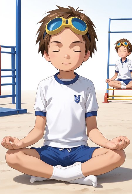 score_9, score_8_up, score_7_up, zPDXL2, 
,
1boy, solo, goggles on head, brown hair, jyojifuku, white shirt,  short sleeves, shorts, gym uniform，playground,hud_m3dit4tion, indian style, sitting, on floor, , , facing viewer, , closed eyes,