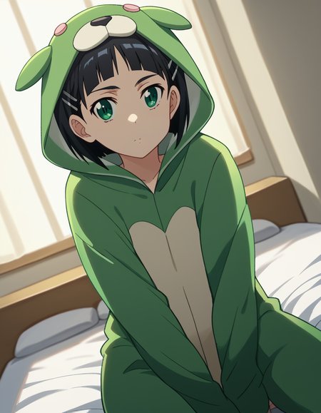 score_9, score_8_up, score_7_up, source_anime, suguhakirigaya, <lora:suguha-kirigaya-s1-ponyxl-lora-nochekaiser:1>, suguha kirigaya, short hair, black hair, hair ornament, hairclip, green eyes,, <lora:kigurumi-ponyxl-lora-nochekaiser:1>, kigurumi, animal hood, animal costume, cosplay, rabbit costume, dragon costume, bear costume, dinosaur costume, sheep costume, cat costume, dog costume, panda costume, tiger costume,, indoors, bed, bed room, sitting, , looking at viewer, solo, cowboy shot, dutch angle
