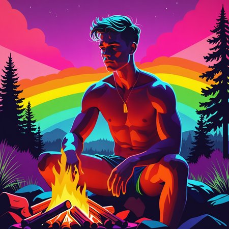 a cocky confident fuckboy sat shirtless by a campfire, rainbow neon colors, silhouette, illustration