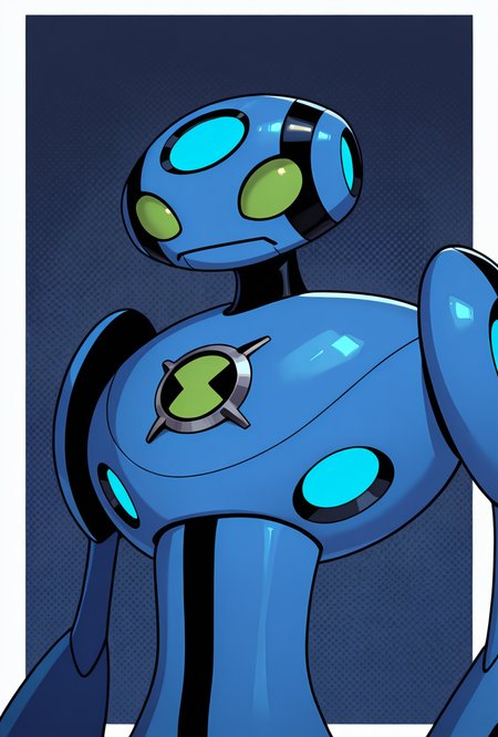 <lora:ulteco-10:1> ulteco, pokemon (creature),blue robot, green eyes, closed mouth,  dark blue background, thick borders,, masterpiece, best quality, amazing quality, very aesthetic, absurdres, newest,, upper body, halftone effect, white borders, abstract background:1.2,