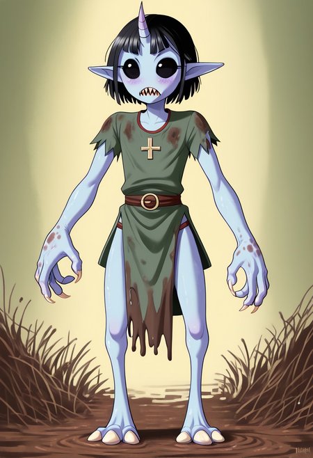 ((Alien humanoid)),
((Alien species)), solo, androgynous, aquatic features 
blue skin, ((webbed hands, skin between fingers)),
((No nose)):1.3, ((nostrils only, nostril slits, vertical nasal slits, narrow nostrils)):1.5, ((narrow eyes)), ((black sclera, black irises)), smooth skin,  pointy ears, small ears, tiny ears, holes in skin, forehead horn, short horn, veiny horn, ((single horn)):1.0, ((4 fingers)), fingernails, thin lips, ((black hair)), ((short hair, spiky hair)), sharp teeth, ((digitigrade legs)), bent legs,
full body shot
ragged clothes, muddy clothes, loincloth, tunic, dirty
Medieval style, fantasy style,
((Variety)):1.2
((dutch angle, 3/4 view))
river background
fully clothed, loose clothing, clean lines, smooth colors, detailed fingers, sfw, source: semi-realistic, rating: pg, score: 8 up, score: 9