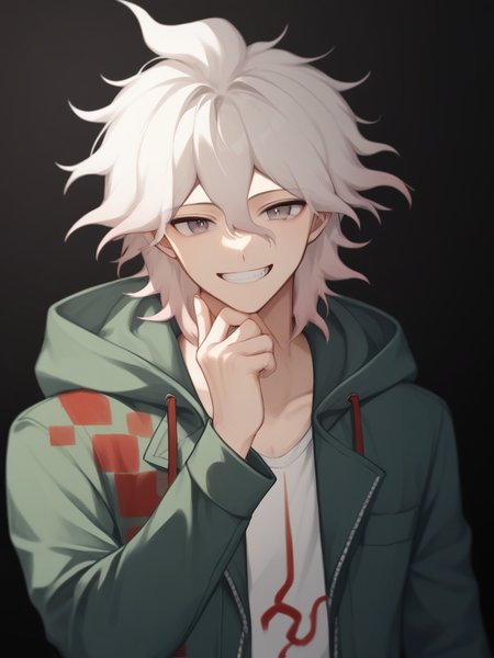 score_9,score_8_up,score_7_up,<lora:danganronpa_all:1>,1boy, character: komaeda nagito, solo, black background, male focus, hand up, grin, teeth, brown eyes, grey eyes, hair between eyes, grey hair, messy hair, green jacket, hooded jacket, open jacket, print shirt, hood down, long sleeves, absurdres, highres