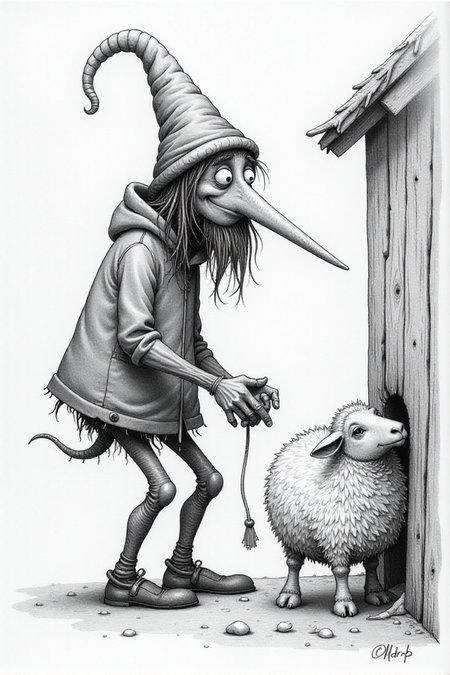 pencil drawing in a naive style, based on the Icelandic Yule Lads,  Stekkjastaur (Steeplecote): A tall, lanky Yule Lad with a long nose, sneaking into a sheep pen to steal milk.âââ