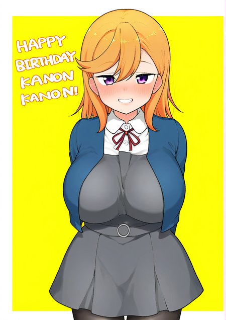 <lora:Puddpudding:1>,1girl, shibuya kanon, huge breasts, arms behind back, birthday, black pantyhose, blue jacket, blush, collared shirt, cowboy shot, dress, grey dress, grin, happy birthday, jacket, long sleeves, looking at viewer, medium hair, neck ribbon, orange hair, pantyhose, pinafore dress, purple eyes, red ribbon, ribbon, school uniform, shirt, sleeveless, sleeveless dress, smile, solo, swept bangs, teeth, white shirt, yuigaoka school uniform,