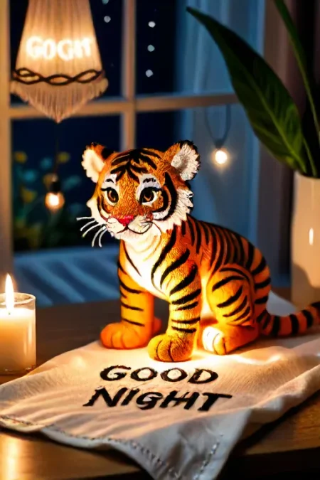 Resting on the kitchen table is an embroidered cloth with the text  good night  and an embroidered baby tiger. Next to the cloth there is a lit candle. The lighting is dim and dramatic.