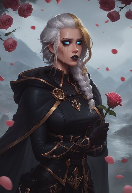 score_9, score_8_up, score_7_up, (realistic:1.2), mysterious girl, alluring goddess,, smooth, very detailed, etra detailed, intricate details, highly detailed,  masterpiece, best quality, amazing quality, (wet hair:1.2), 1girl, solo, single hairbraid, cherry blossoms falling around her, misty mountains in the background, sad,  beautiful woman, curvy, Jaina Proudmoore, 1girl, mature female, (bicoloured hair:1.2), white hair, blonde hair, blue eyes,glowing eyes,  pupils, storm, anchor necklace, (3/4 body shot:1.3), dark, thunder, rainy:1.2, windy:1.2, mountains at the background,  (burgundy lightning:1.2), black lips, sith lord, star wars, sith, black hood, black cape, hood on head, turtleneck, (total black clothing:1.2),, jainapost, (fully clothed), (she holding pink rose:1.3), (looking at viewer),roses, pink roses, roses, rose petals, rose, (dramatic atmosphere), (detailed background), (three-quarter view), (running mascara:1.1)