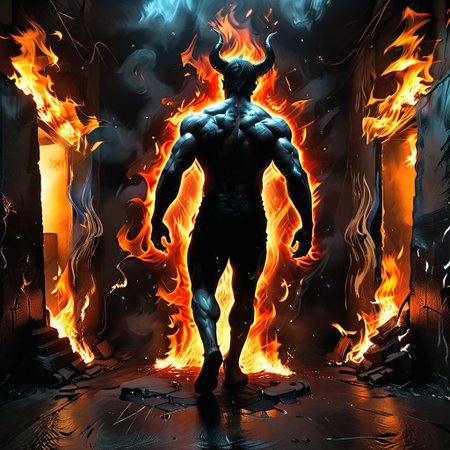 <lora:flame silhouette:1>, flame,
fullbody, full body, back view, <lora:Super perspective and fight stance:0.8>, ((super low perspective)), low perspective, ((fisheye)), dark atmosphere, dark shadow, deep shadow, shadow,  Super perspective,fisheye, wide shot, foreshorten, lighting stance, (fire around), ((fiery footprints)),
Man with demon horns in black shorts walking away from the long dark office corridor, Adult, Mesomorph Muscular body, short Muscular neck, Rectangle faces, broad Muscular shoulders, Muscular fitness arms,  black short combed back hair,  Angular jawline,  Designer Stubble black whiskers, triangular black hair beard, Muscular fitness ass,  Athletic thighs, Muscular fitness legs,  big muscles,  dark black skin,
((burning walls)), ((fire on the walls)),
<lora:Camera Perspectives (507):1>,  from below, foreshortening, perspective,
graphic style of novel comics, perfect hands, 2d,
8k, hyperrealism, masterpiece, high resolution, best quality, ultra-detailed, super realistic, Hyperrealistic art, high-quality, ultra high res, highest detailed, lot of details, Extremely high-resolution details, incredibly lifelike, colourful, soft cinematic light,