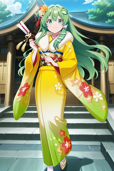 absurdres, highres, masterpiece, best quality, amazing quality, official anime artwork, screencap, anime screencap, outdoors, looking at viewer, light smile, dynamic pose, 
 <lora:Sanae-Kochiya_IllustriousV2:1> kochiya sanae, 1girl, solo, green eyes, green hair, long hair,, kochiya sanae \(victory wind priestess\), alternate costume, alternate hairstyle, hair ornament, hair flower, fur trim,  yellow kimono, gradient kimono, multicolored kimono, floral print, wide sleeves, long sleeves, furisode, sash, yellow obi, red obijime, footwear flower, white socks, yellow shoes, holding hamaya, green kimono,