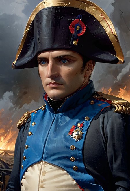concept art, napoleon, general, mysterious, face close up, dark enigmatic,  storm of gold, ((napoleon)), general, serious look, military uniform, ((bicorne)) hat, blue hat, grey coat, atmosphere is charged with an military energy, historic realism, detailed textures to bring the scene to life, background is Moscau city skiline bruning:1, fire and smoke, city on fire, black background, big flammes, <lora:zavy-cntrst-sdxl:1.5>, <lora:- SDXL - vanta-black_contrast_V3.0:0.4>, <lora:glowneon_xl_v1:0.4> . digital artwork, illustrative, painterly, matte painting, highly detailed, close up portrait, very close up, face focus,