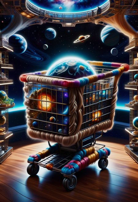 DonMH41rXL hyper detailed masterpiece, dynamic realistic digital art, awesome quality,dreamlike celestial energy,noble space station,shopping carts shadowhouse volumetric lighting,pareidolia, discomforting,incomprehensible,serpentine,current,zealous,synergistic,entertainment centers,serenity <lora:DonMH41rXL-000006:1>
