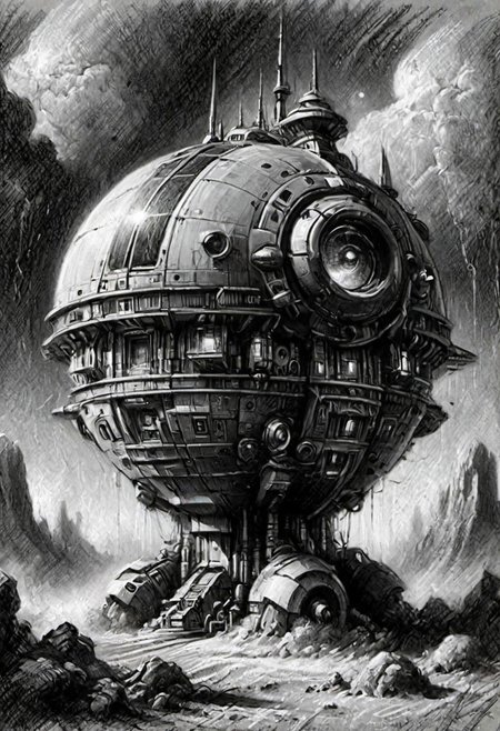(masterpiece), 
A spaceship,
Black and white tones,
HDR, highly detailed, 32k, 
looking at viewer,