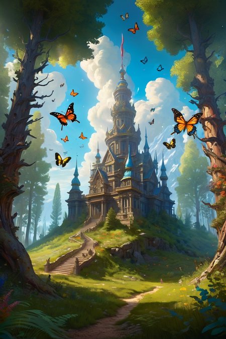 vibrant summer forest clearing with butterflies, petrified forest temples where crystal chandeliers grow like stalactites, the halls echoing with wind-through-skull-flute melodies, cinematic view, epic sky, detailed, concept art, low angle, high detail, warm lighting, volumetric, godrays, vivid, beautiful, trending on artstation, by jordan grimmer, huge scene, grass, art greg rutkowski,
 <lora:detailed_notrigger:0.7>, <lora:add-detail-xl:0.3>, oil painting art style from Renaissance period, masterful composition, Renaissance mood, renaissance oil painting, brush strokes, Baroque art style, dynamic composition, dramatic lighting, rich colors, intricate details, professional-grade execution, captures the grandeur and theatricality of the Baroque period